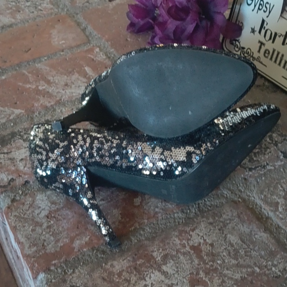 White House Black Market Athena Sequin Black 4" Heels - Picture 8 of 8